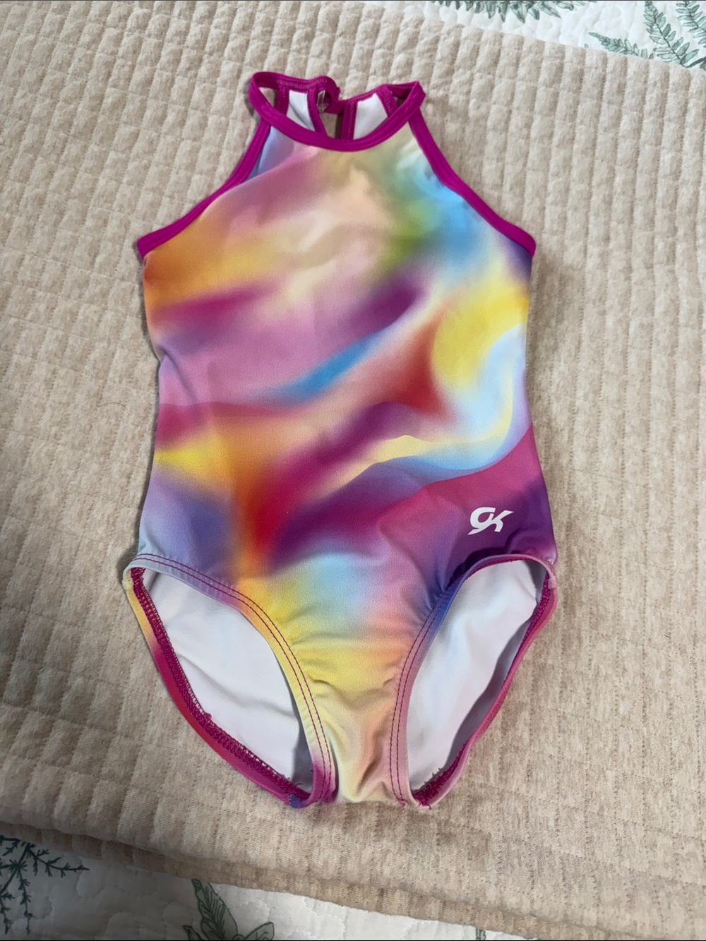 GK Kids Multicolor Rainbow Swirl Leotard with Magenta Trim